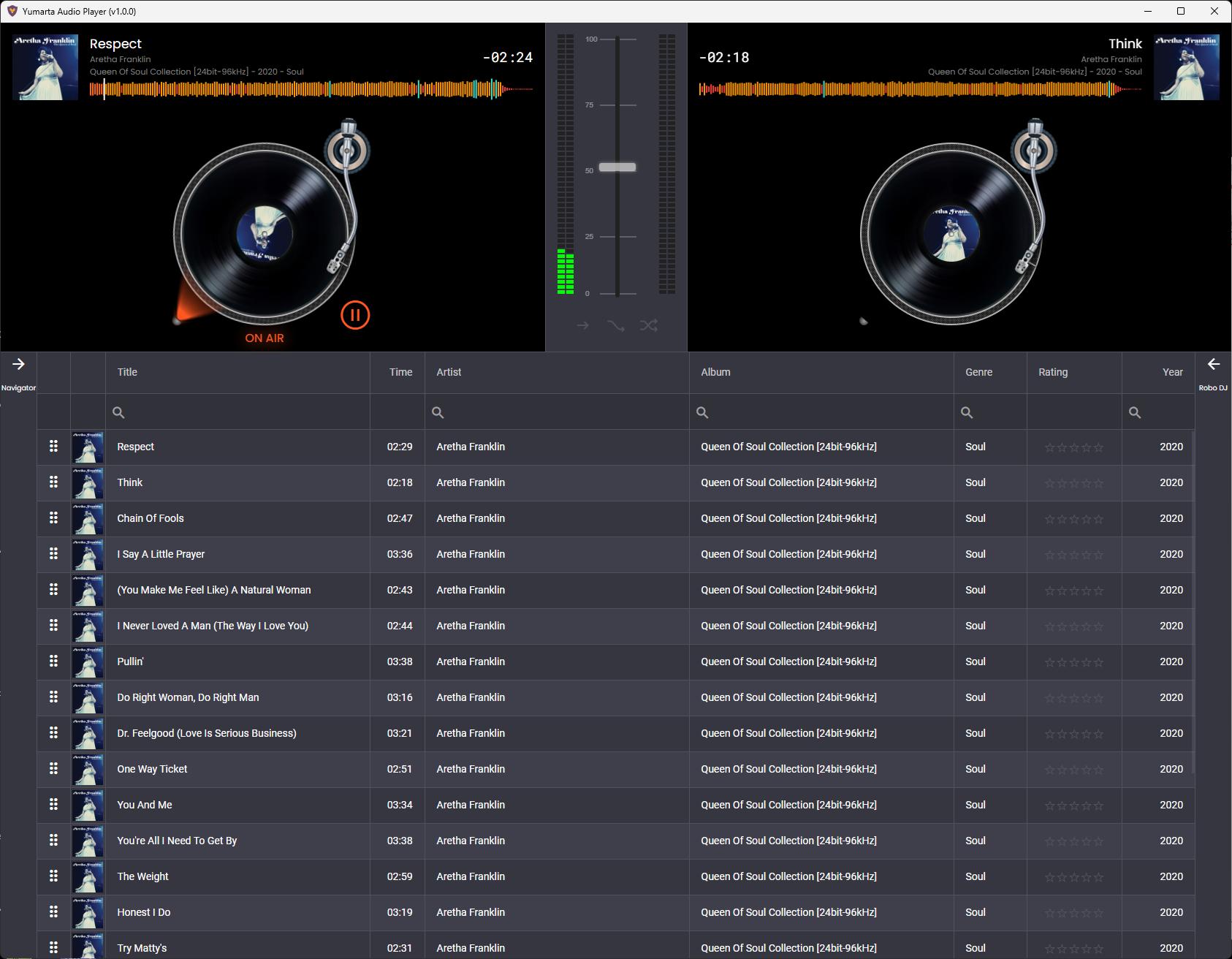 Yumarta Audio Player interface showing dual vinyl decks, live waveforms, the track library, and the RoboDJ queue.
